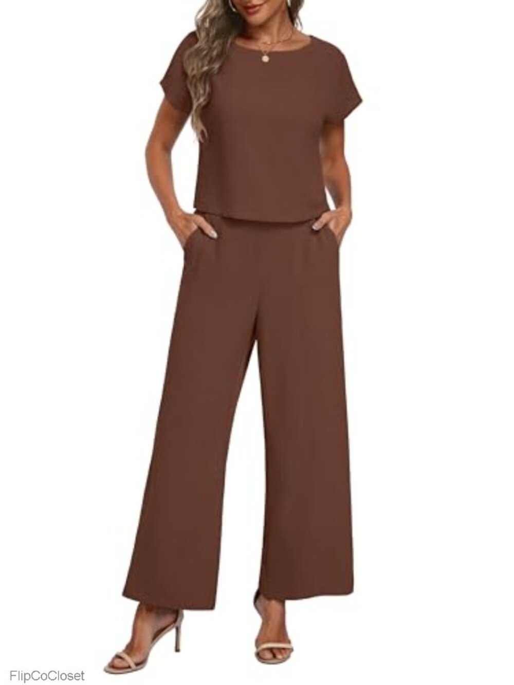Women's 2 Piece Lounge Set Cap Sleeve Crop Top Wide Leg Pants
